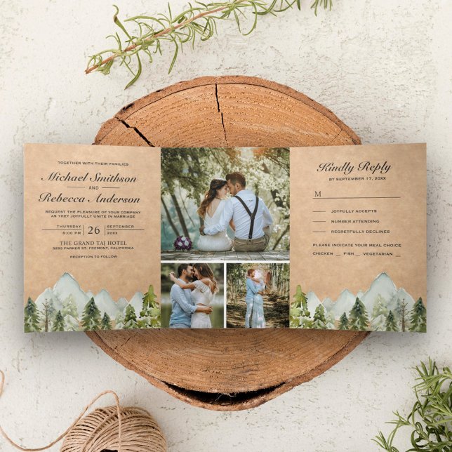 Invitation Trois Volets Rustique Kraft Aquarelle Mariage Pine Tree (Créateur téléchargé)