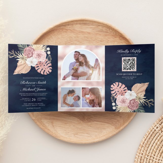 Invitation Trois Volets Rustique Palm Dusty rose Roses Marine QR Code Mari (Créateur téléchargé)
