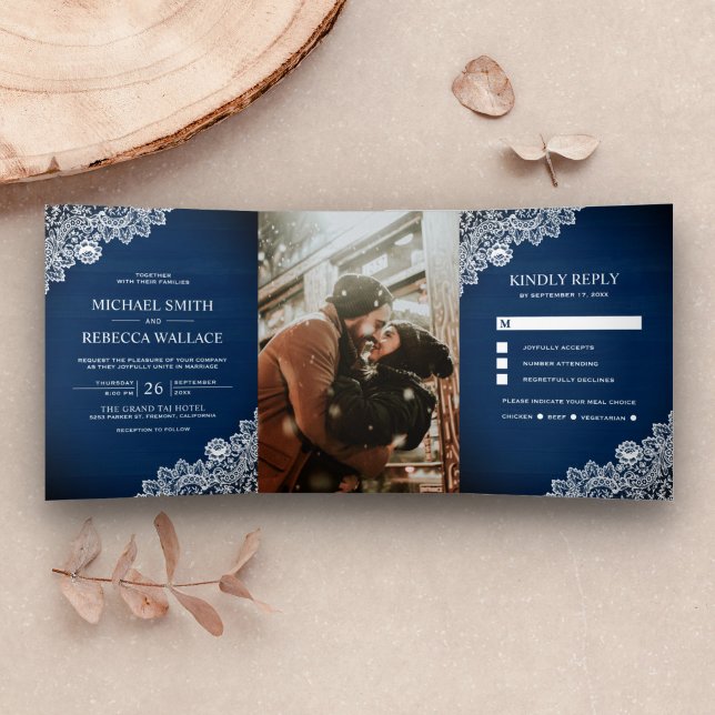 Invitation Trois Volets Rustique Pays Marine Blue Wood Lace Mariage Photo (Créateur téléchargé)