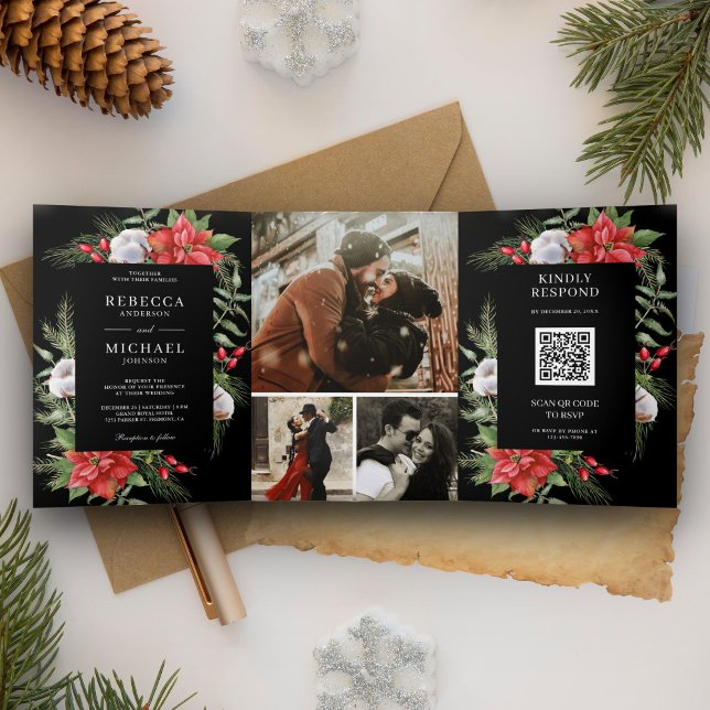 Invitation Trois Volets Rustique Poinsettia QR Code Noël Mariage noir (Créateur téléchargé)