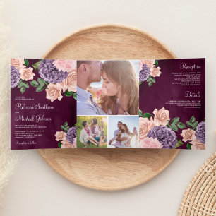 Invitation Trois Volets Rustique Poussiéreux Péché Pourpre Floral Prune Ma