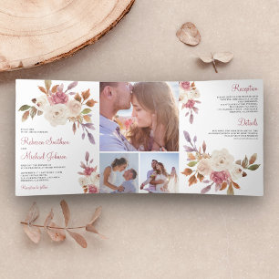 Invitation Trois Volets Rustique Rose Poussiéreuse et Fleurs de Mariage en