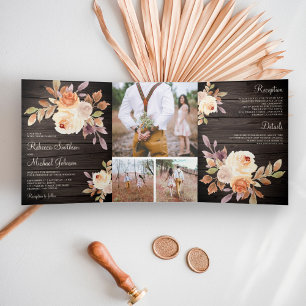 Invitation Trois Volets Rustique Terre Dusty Pêcher Floral Grange Mariage 