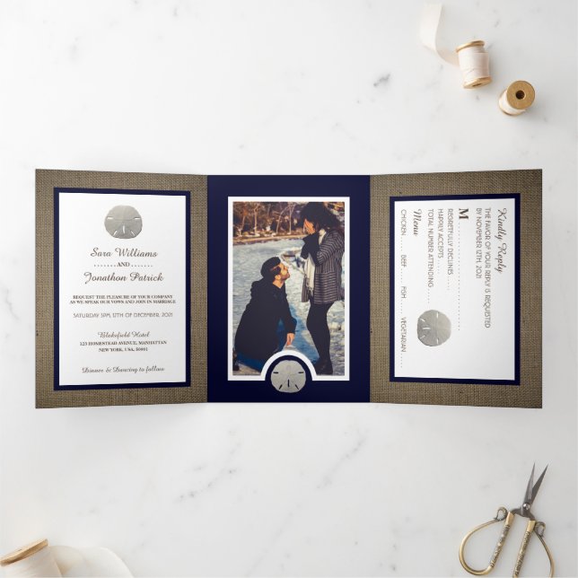 Invitation Trois Volets Sable Dollars & Burlap Navy Beach Wedding Suite (Intérieur)