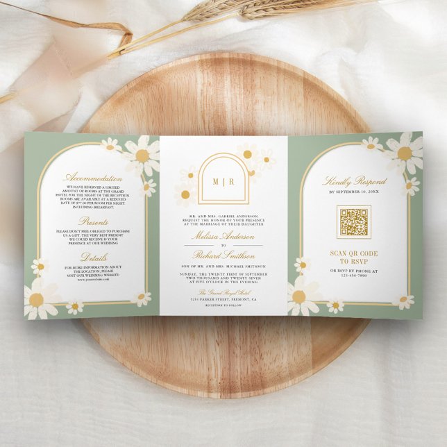 Invitation Trois Volets Sage Green Cream Jaune Daisée Tout en un Mariage (Créateur téléchargé)