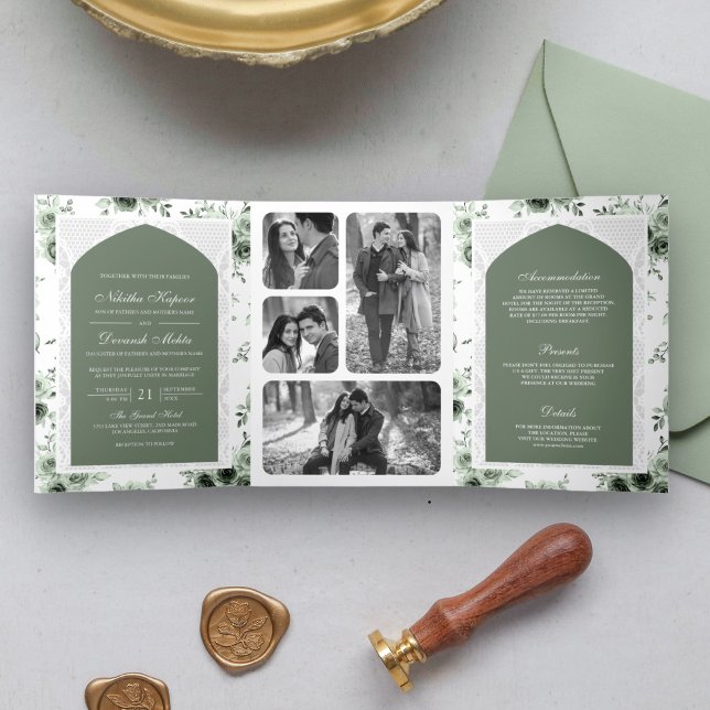 Invitation Trois Volets Sage Green Floral tout en une dentelle Mariage ind (Créateur téléchargé)