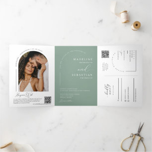 Invitation Trois Volets Sage Green Modern Boho Arch Photo QR Code Wedding