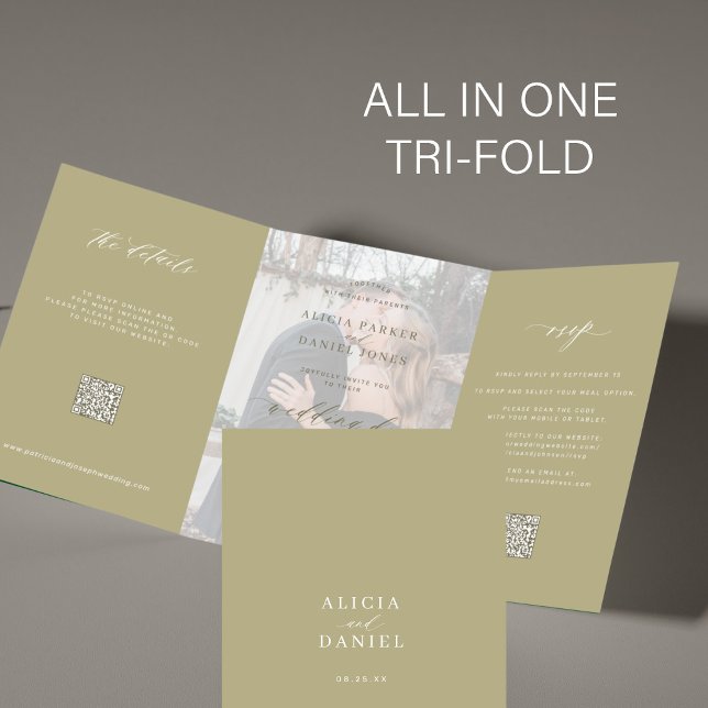 Invitation Trois Volets Sage green photo mariage RSVP détails QR code (Créateur téléchargé)