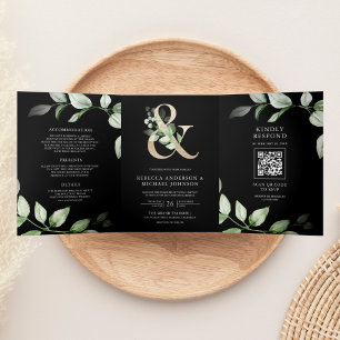 Invitation Trois Volets Sage Greenery Gold Ampersand QR Code Mariage noir