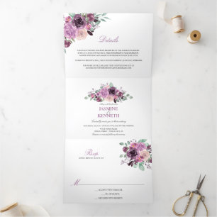 Invitation Trois Volets Sangria mauve Aquarelle Fleurs vert