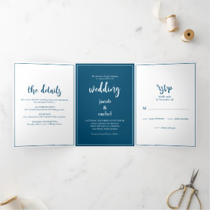 Invitation Trois Volets Script minimaliste bleu foncé et Mariage blanc