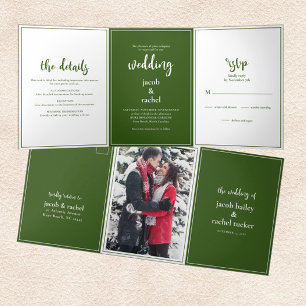 Invitation Trois Volets Script minimaliste vert foncé et Mariage blanc