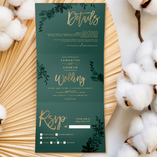 Invitation Trois Volets Script or chic Floral vert élégant mariage