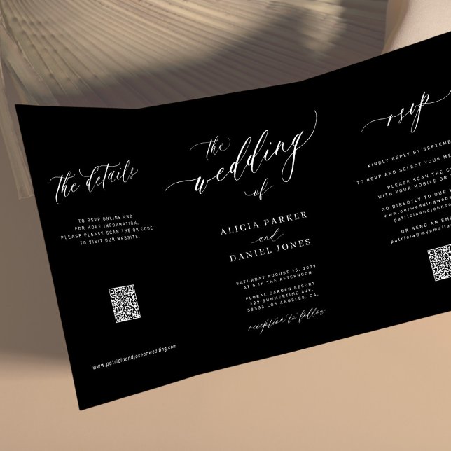 Invitation Trois Volets Script simple et élégant RSVP QR mariage noir (Créateur téléchargé)