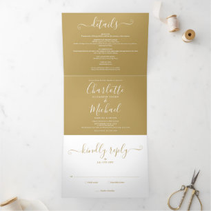Invitation Trois Volets Signature Script Elegant Gold Photo Mariage