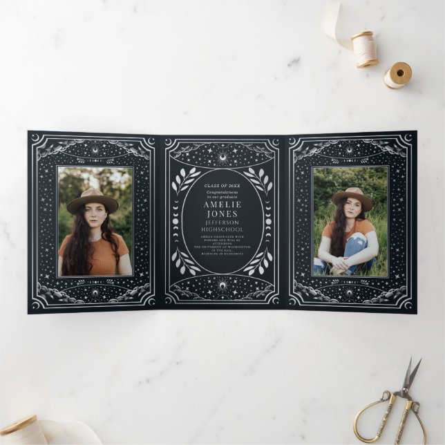 Invitation Trois Volets Silver Elegant Tarot Photo Party Graduation (Intérieur)