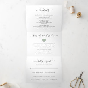 Invitation Trois Volets Simple Cute Heart Photo Moderne Mariage Vert Sage