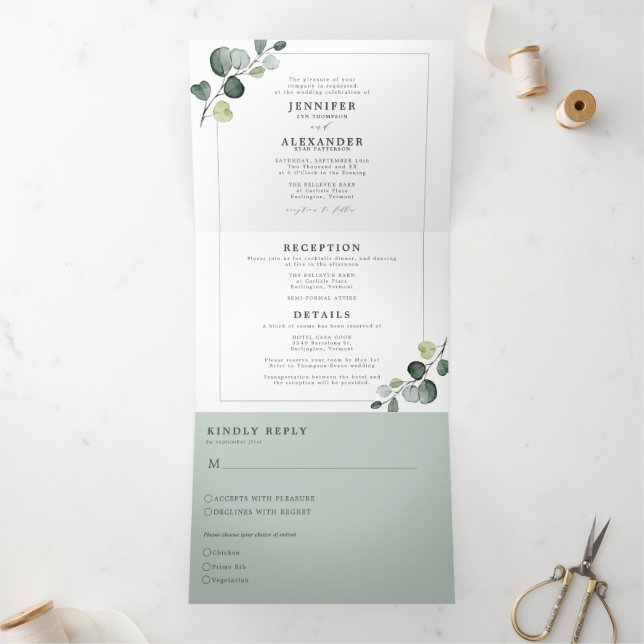 Invitation Trois Volets Simple Eucalyptus Verdure Tout en un Mariage (Intérieur)