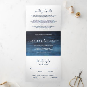 Invitation Trois Volets Simple mariage moderne aquarelle bleu marine