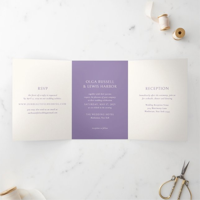Invitation Trois Volets Simple Mariage Moderne Violet (Intérieur)