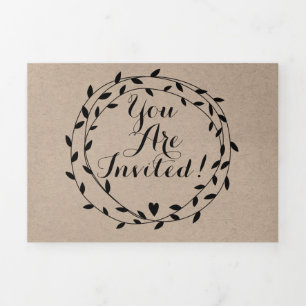 Invitation Trois Volets Simple moderne Boho Black Leaf Mariage de couronne