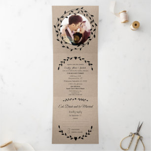 Invitation Trois Volets Simple moderne Boho Black Leaf Mariage de couronne
