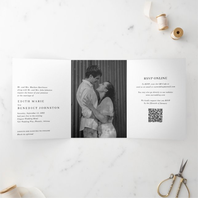Invitation Trois Volets Simple moderne QR Code Photo Mariage élégant (Intérieur)