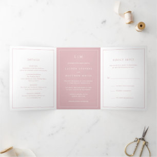 Invitation Trois Volets Simple Monogramme Rose Pâle Élégant Mariage