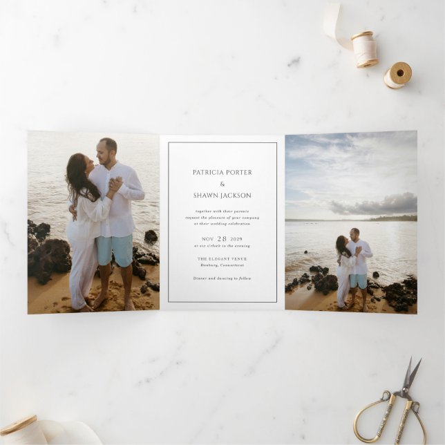 Invitation Trois Volets Simple Noir et Blanc QR Code Mariage élégant (Intérieur)