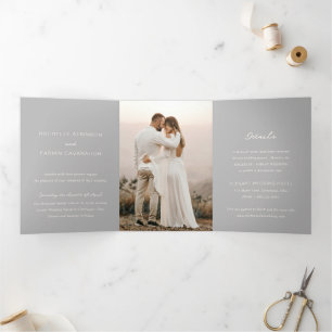 Invitation Trois Volets Simple Photo Gris Mariage Élégant