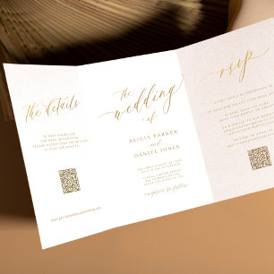 Invitation Trois Volets Simple script d'or minimal RSVP détails QR mariage