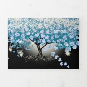 Invitation Trois Volets Sky Blue Pastel Heart Leaf Tree Mariage