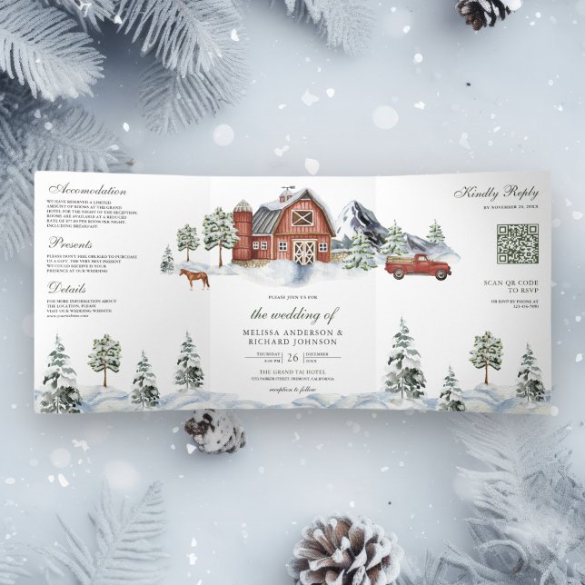 Invitation Trois Volets Snowy Red Grange hiver Noël QR Code Mariage (Créateur téléchargé)