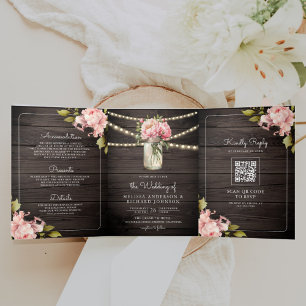 Invitation Trois Volets Soft Pink Peony Mason Jar QR Code Mariage bois