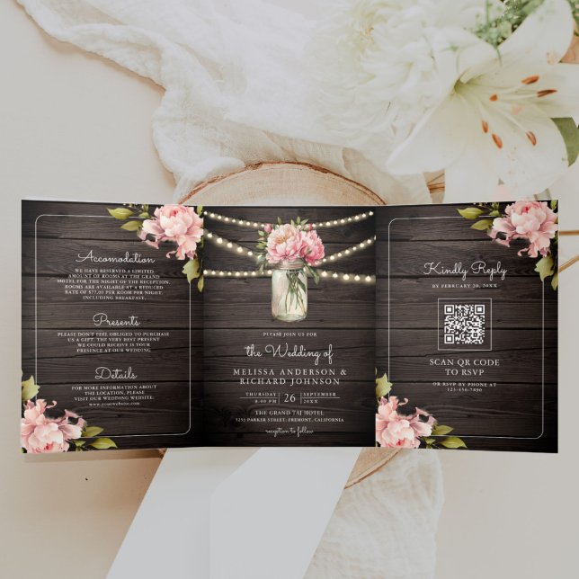 Invitation Trois Volets Soft Pink Peony Mason Jar QR Code Mariage bois (Créateur téléchargé)