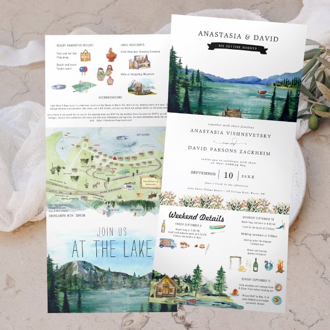 Invitation Trois Volets Station de camping Lakeside | Mariage illustré (Créateur téléchargé)
