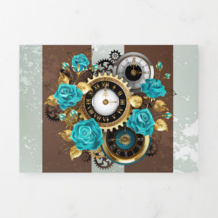 Invitation Trois Volets Steampunk Clock and Turquoise Roses on Striped