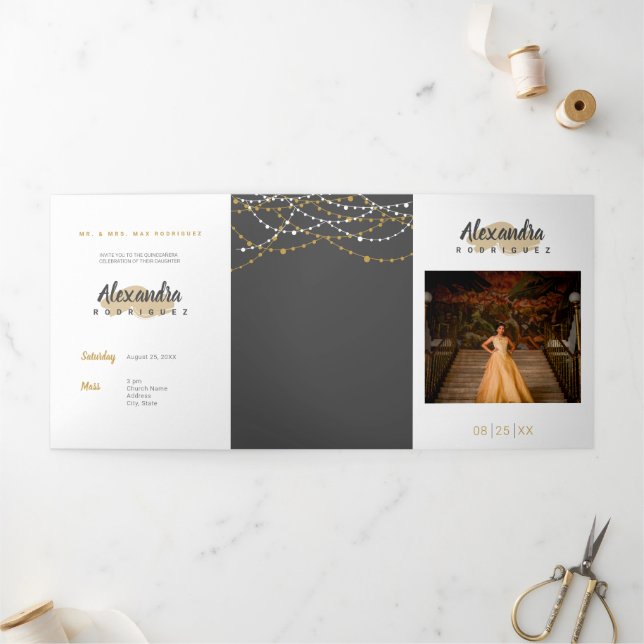 Invitation Trois Volets Steel Grey et Gold Photo Quinceanera (Extérieur)