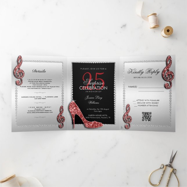 Invitation Trois Volets Stiletto, Photo, QR Code 25e anniversaire surprise (Intérieur)