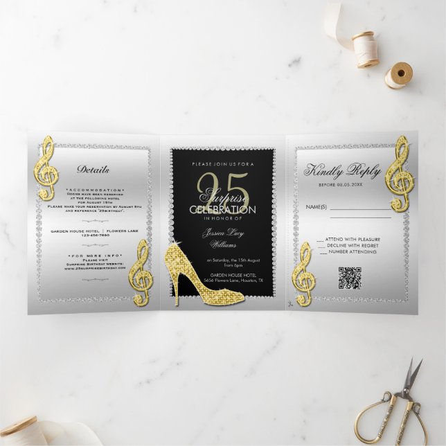 Invitation Trois Volets Stiletto, Photo, QR Code 25e anniversaire surprise (Intérieur)