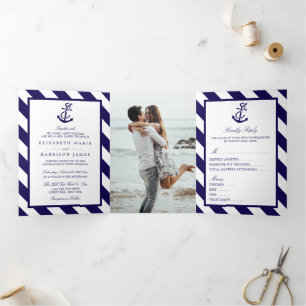 Invitation Trois Volets Stripes nautiques et Suite de Mariage Ancre bleu m