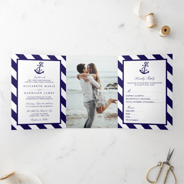 Invitation Trois Volets Stripes nautiques et Suite de Mariage Ancre bleu m (Intérieur)