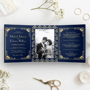 Invitation Trois Volets Style Art Déco vintage Mariage bleu et or
