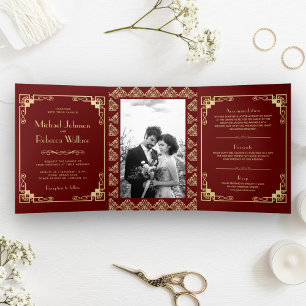 Invitation Trois Volets Style Art Déco vintage Mariage rouge et or