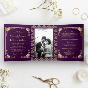 Invitation Trois Volets Style Art Déco vintage violet et Mariage or