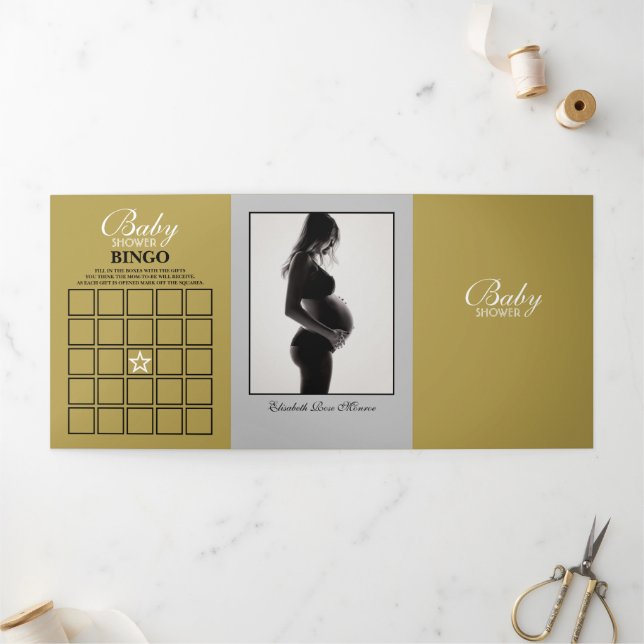 Invitation Trois Volets Suite Baby shower argent et or simple (Extérieur)