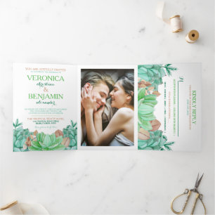 Invitation Trois Volets Suite de Mariage botanique fleurie de bouquet Succ