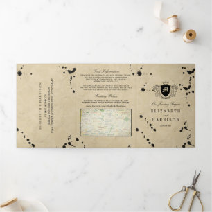 Invitation Trois Volets Suite de Mariage Monogramme vintage et Tige d'encr