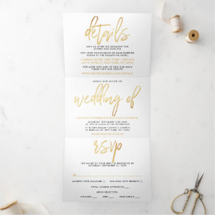 Invitation Trois Volets Suite Mariage de script Gold Foil moderne