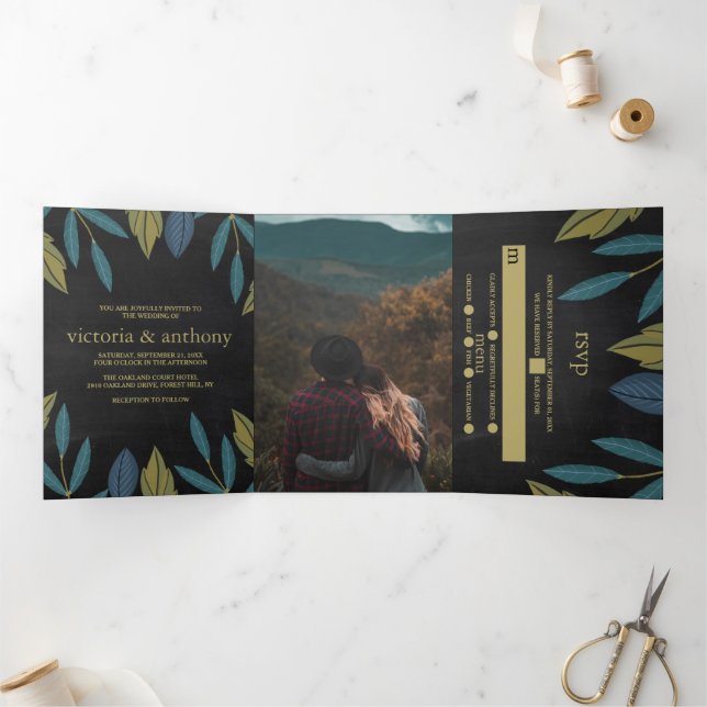Invitation Trois Volets Suite Mariage feuille tableau noir (Intérieur)